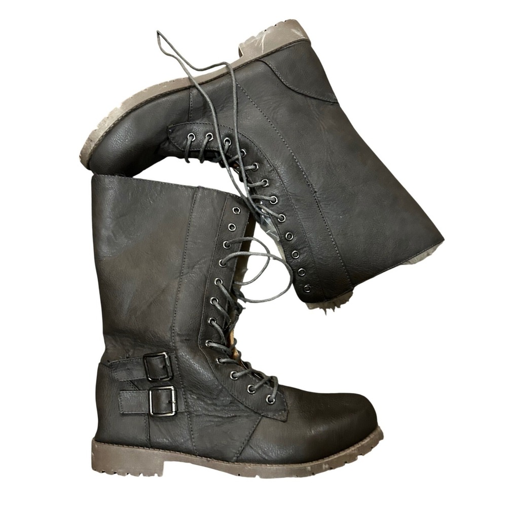Unbranded Grey Faux Leather Faux Fur Lined Lace Up Combat‎ Boots XL 10